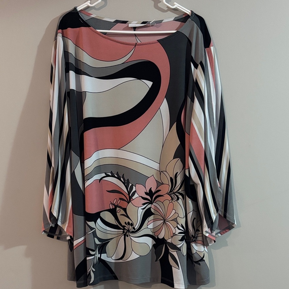 Susan Graver Pink and Black Abstract Floral Blouse